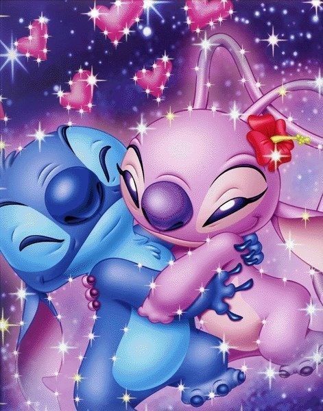 two cartoon characters hugging each other with stars in the background