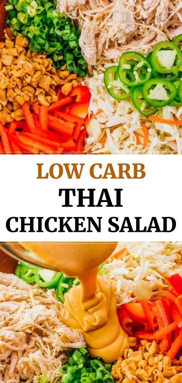 low carb thai chicken salad with carrots, peppers and cashews on the side