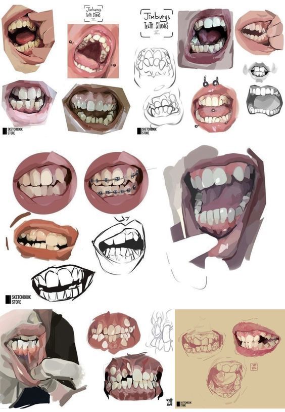 various stages of teeth and mouth shapes for the character's head, including one with missing teeth