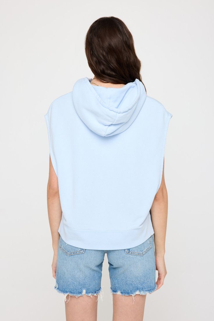 Haven sent. A hoodie with a dropped armhole and boxy fit. Made with a French Terry fabrication, it's the perfect blend of 75% cotton and 25% modal, creating an extra (extra) soft feel. | Haven Sleeveless Hoodie in Windsurf Trendy Soft-washed French Terry Tops, Spring Cotton Stretch Sweats, Relaxed Fit French Terry Top With Drawstring Hood, Spring Drop Shoulder Hoodie For Loungewear, Relaxed Fit Hoodie Top For Athleisure, Trendy Soft-washed Hoodie For Spring, Casual French Terry Tops, Oversized French Terry Top With Drawstring Hood, Relaxed Fit Hoodie Tops For Loungewear