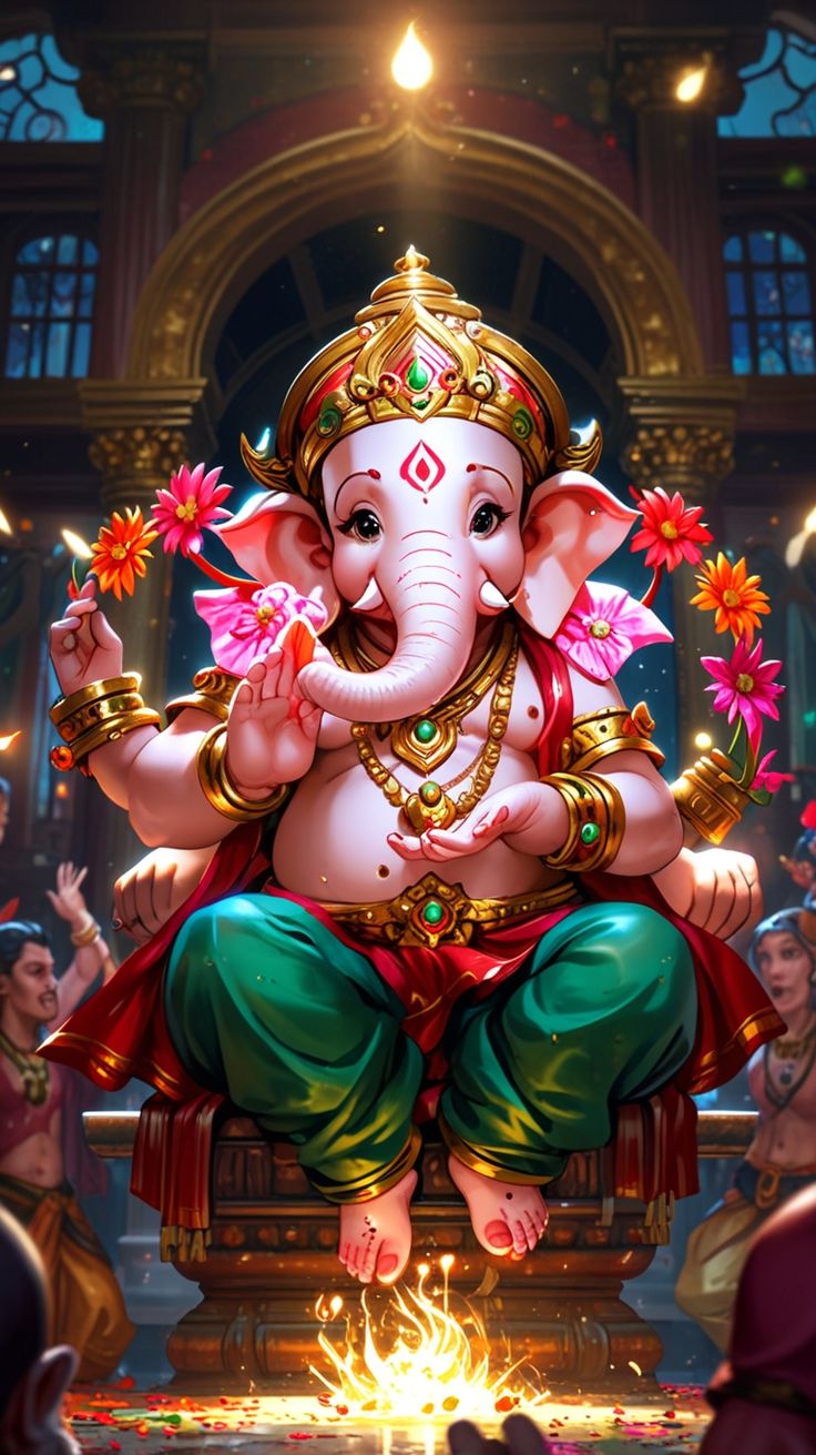 the god ganesha is sitting on top of an elephant