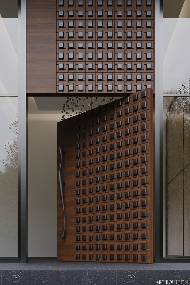 an entrance to a building with wooden panels