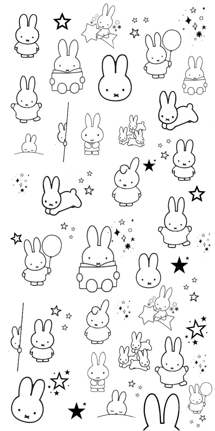 an image of rabbit stickers in black and white, with stars on the background