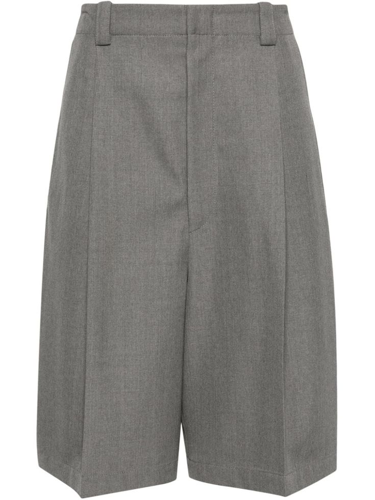 medium grey virgin wool pleat detailing pressed crease belt loops two diagonal pockets to the sides rear patch pocket knee-length concealed front button, hook and zip fastening Wool Shorts, Bell Ross, City Shorts, Reebok Club C, Versace Outfit, Tailored Shorts, Tom Dixon, Balenciaga Triple S, Dress Watch