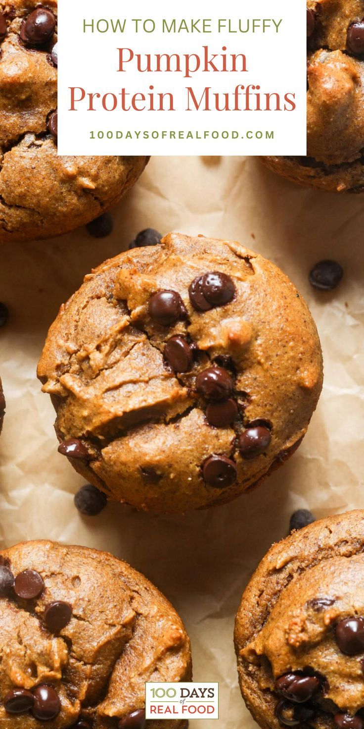 pumpkin protein muffins with chocolate chips on top and the title overlay reads how to make fluffy pumpkin protein muffins