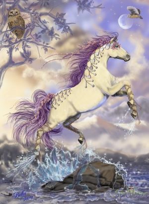 a painting of a white horse with purple manes running in the water next to a tree