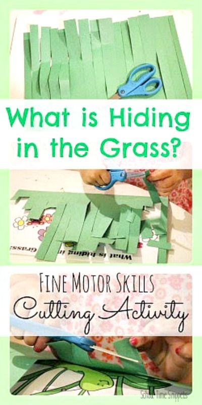 a child cutting paper with scissors on top of it and the words what is hiding in the grass?