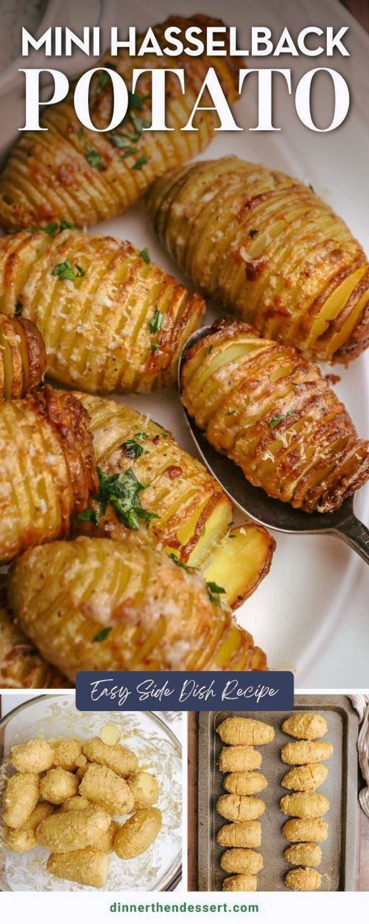 mini hasselback potatoes on a white plate with text overlay that reads mini hasselback potato