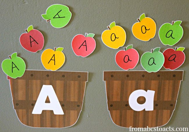 an apple themed bulletin board with apples in a pot and letters cut out to spell the word abc