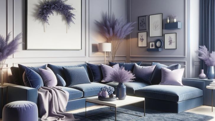 a living room with blue couches and purple decorations on the wall, along with other furniture