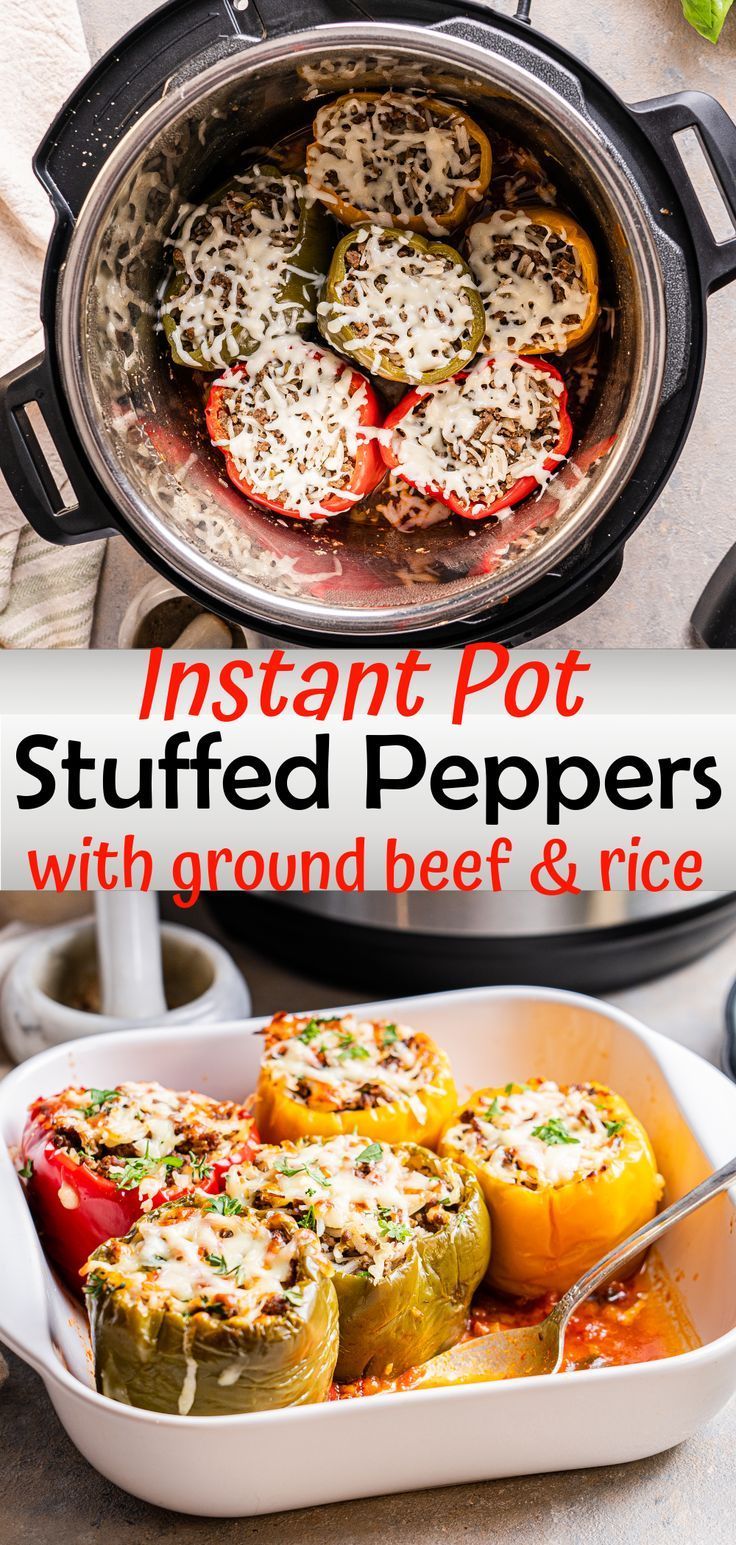 an instant pot stuffed peppers with ground beef and rice in a casserole dish