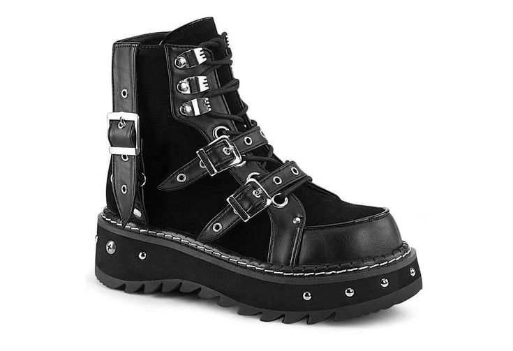 A charming pair of women's platform ankle boots, the Lilith-278 is a metal studded platform boot with buckle straps across the front and outside of the boot. Gothic Leather Platform Boots With Grommets, Gothic Platform Boots With Grommets, Punk High Ankle Platform Boots With Rivets, Punk High Ankle Platform Boots With Buckle, Alternative Style Platform Boots With Buckle And Round Toe, Alternative Leather Platform Boots With Buckle Closure, Edgy Riveted Ankle Platform Boots, Alternative Style Boots With Buckle Closure, Gothic Moto Boots With Grommets And Round Toe