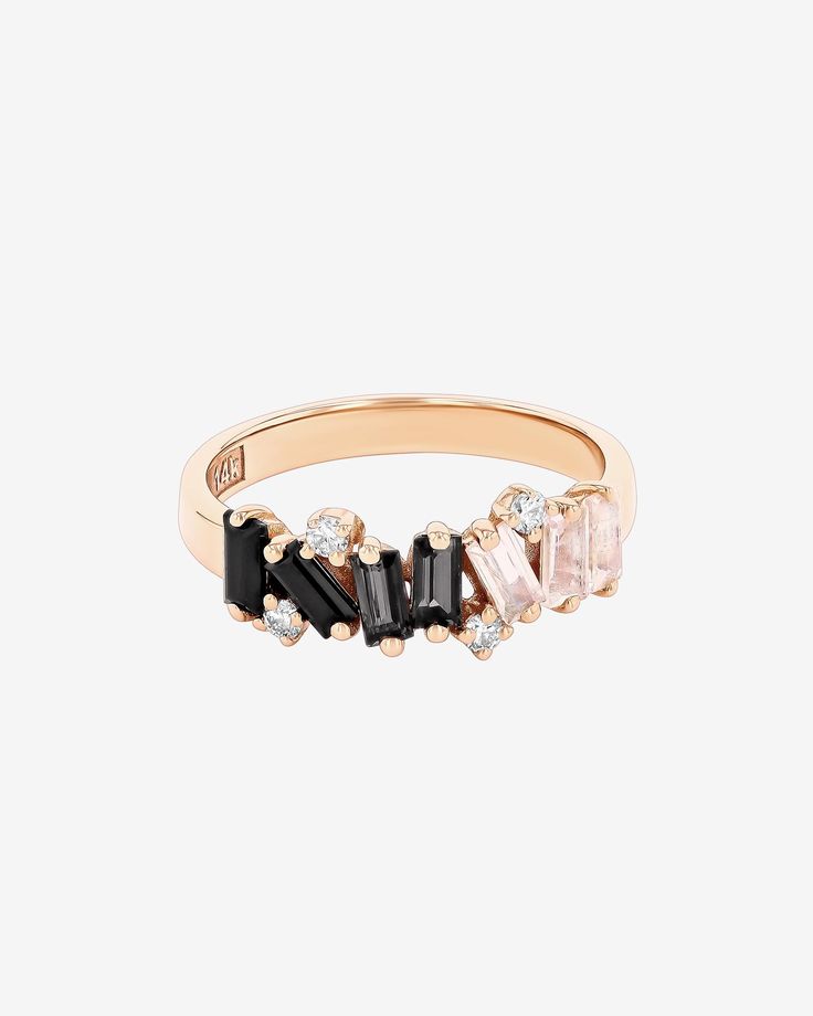 This half band ranks among our top-selling designs, beautifully crafted in 14-karat gold. It features an array of vibrant black ombre semi-precious gemstones, perfectly complemented by the sparkle of round white diamonds. This ring combines color and elegance, making it a cherished piece in any collection. Details 14k rose gold or yellow gold 4x2mm baguette-cut black spinel, black night quartz, rainbow moonstone gemstones 0.10 carats of round white diamonds 7mm width Ref: PR534HH Luxury Black Spinel Jewelry With Rose Cut Diamonds, Luxury Black Spinel Jewelry With Single Cut Diamonds, Fine Black Spinel Jewelry With Diamond Accents, Fine Jewelry With Diamond Accents And Black Spinel, Fine Jewelry With Black Spinel And Diamond Accents, Luxury Jewelry With Single Cut Diamonds And Black Spinel, Modern 14k Gold Multi-stone Jewelry, Multi-stone Diamond Baguette Cut Jewelry, Dazzling Black Diamond Jewelry