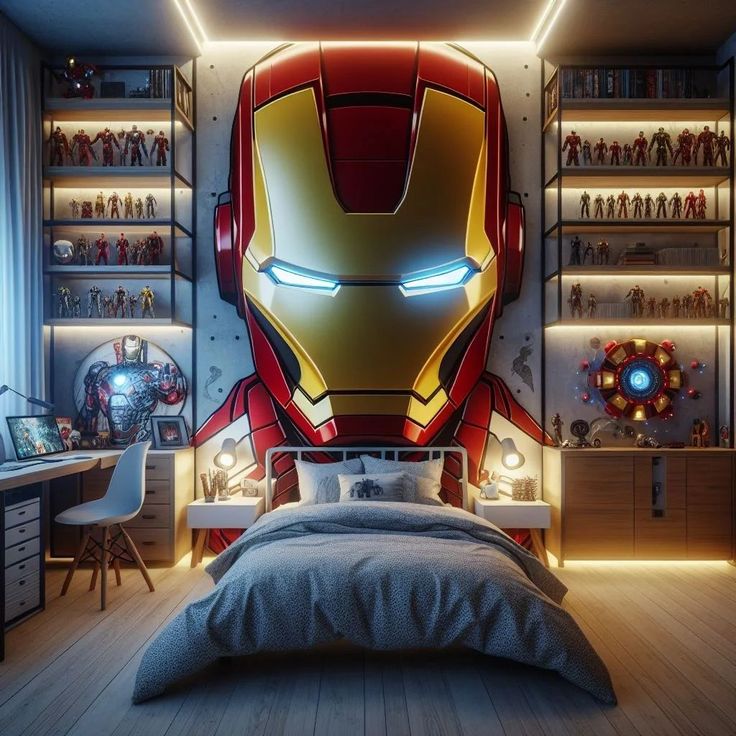 a bedroom with a iron man head on the wall