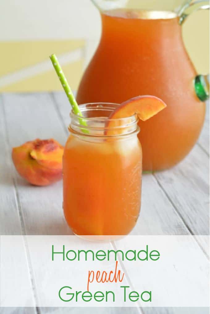 homemade peach green tea in a mason jar and pitcher with straws on the rim