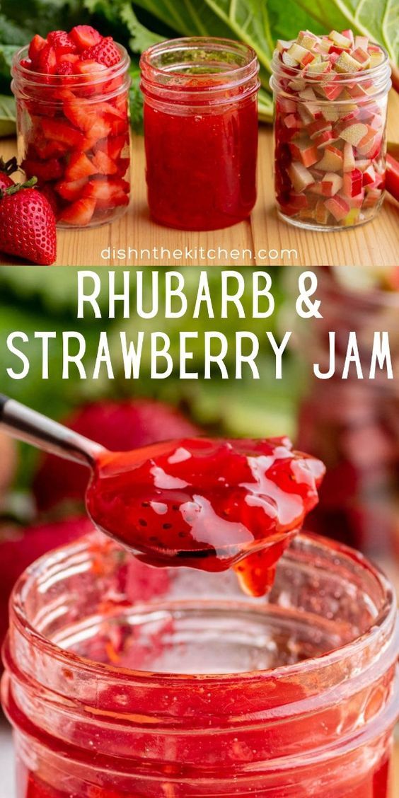 strawberry rhubarb and strawberry jam in mason jars