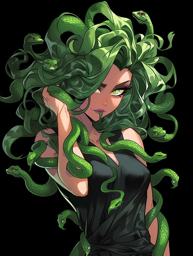 a woman with green hair and snakes on her head, holding her hand to her face