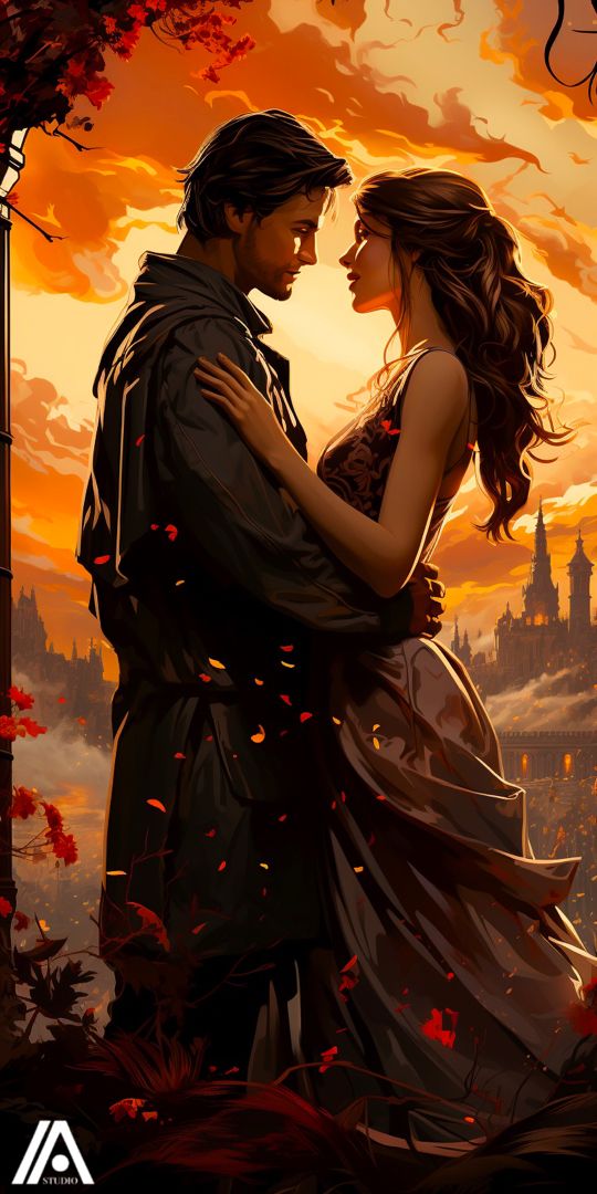 a man and woman standing next to each other in front of a castle at sunset