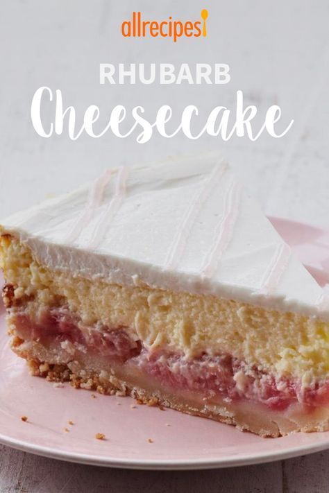 a slice of rhubarb cheesecake on a pink plate with the words allrecipes