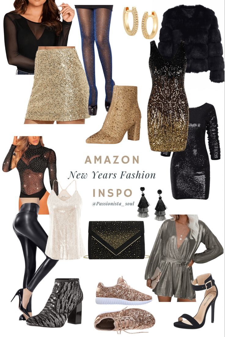 Amazon New Years Outfit, New Years Eve Outfits Amazon, New Years Fashion, All Black Outfit For Party, Gold And White Outfit, New Years Eve Tops, All Black Party, Women Long Sleeve Jumpsuit, Short Faux Fur Coat