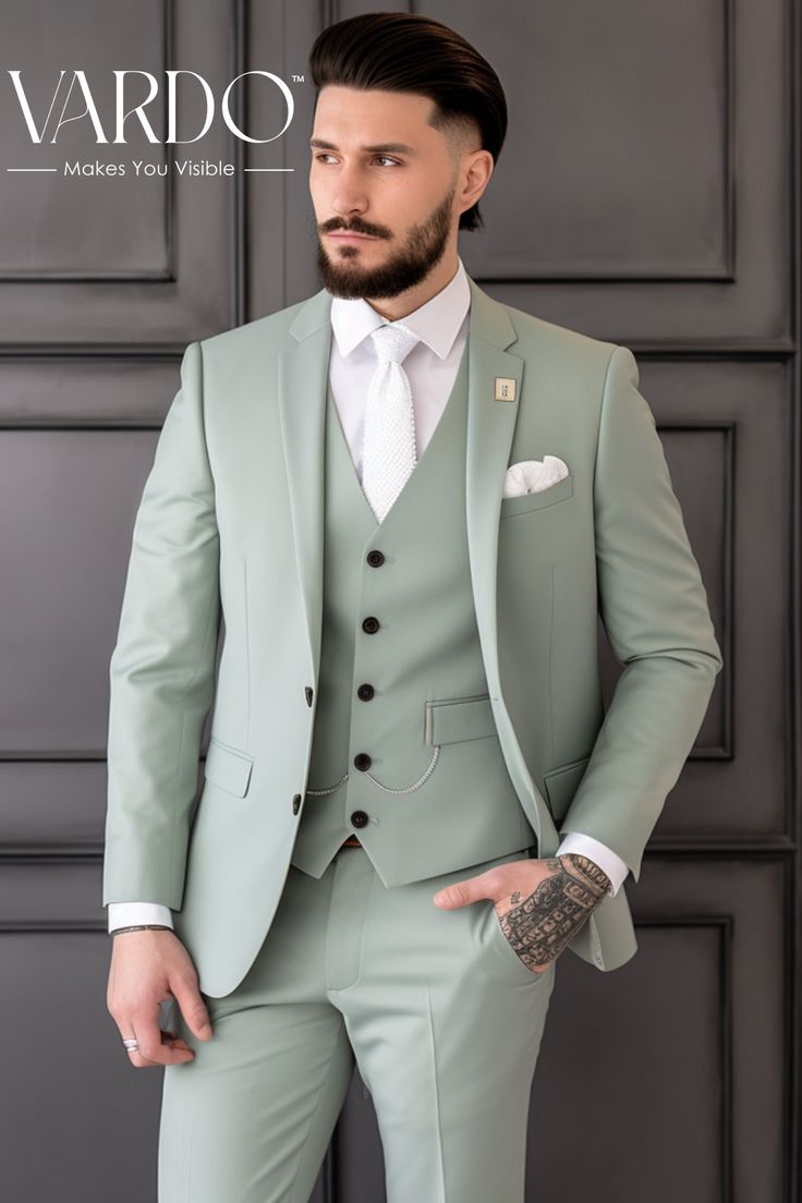 Suits for men, Sage Green men's Suit, 3 Piece suit, party wear suit, Fashionable suit for men, Prom suit , men elegant suit This stylish men's sage green slim fit 3-piece suit is perfect for any formal occasion. The suit is made from high-quality Terry Rayon fabric that is both soft and comfortable to wear. It features a slim fit, Peak lapel, and a matching jacket, vest, and pants. The suit can be dressed up or down for any event, and is the perfect choice for a wedding, prom, or any other formal occasion. Fabric Premium Terry Rayon  Includes:- Coat Pants Vests MUST REQUIRED DETAILS :- ✔ Height Of The Person. ✔ Weight Of The Person. ✔  Chest Size, (Circumference Around The Broadest Part Of Chest) ✔ Jeans Size ( Waist X Length ), Must Be Written on The Brand Label Of the existing Jeans you Stylish Dress For Men, Wedding Coat Suit For Men, Three Piece Coat Pant For Men, 3 Piece Blazer For Men, Coat For Wedding For Men, Wedding Dress For Men Suits, Pista Colour Coat Pant For Men, Formal Dress Men Wedding, Suits For Man Wedding