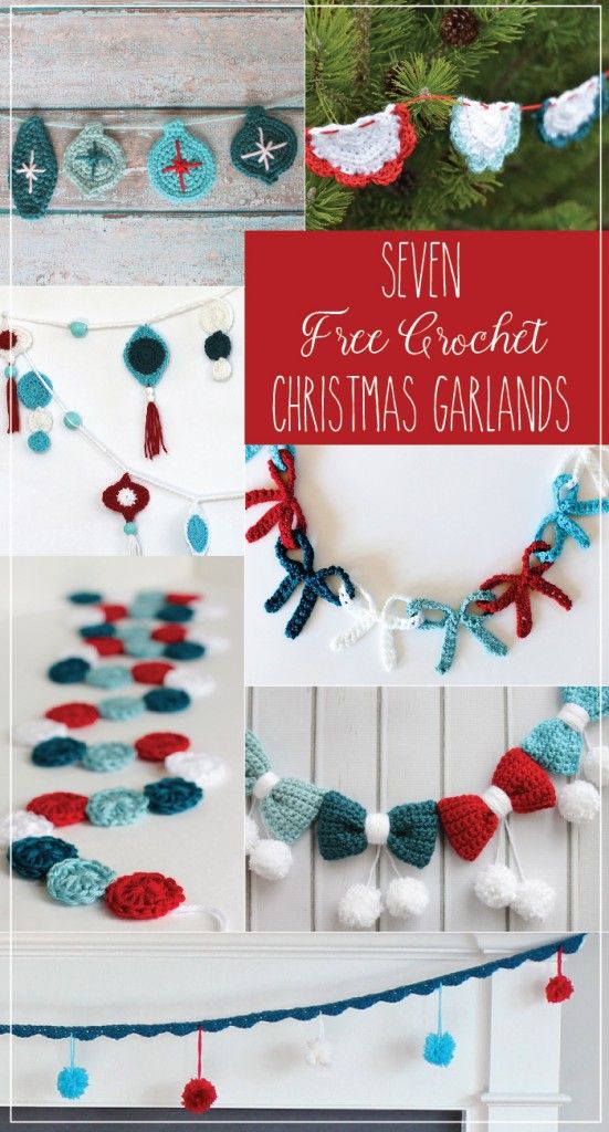 several crocheted christmas garlands are shown with text overlay that says seven free crochet christmas garlands