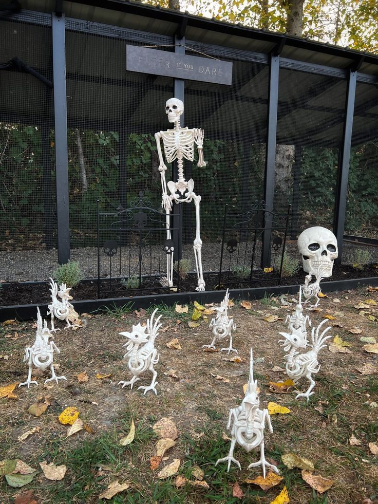 several skeleton statues in front of a fence with leaves on the ground and trees around them