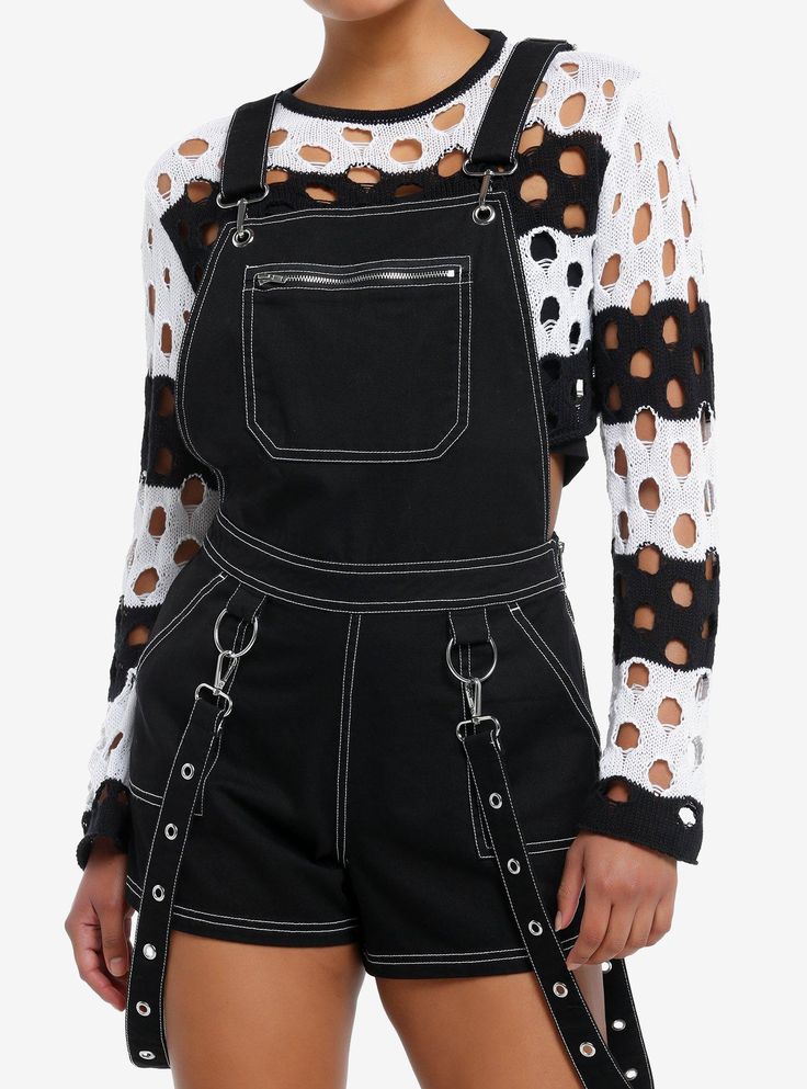 Bring those baddie vibes into summer with these black shortalls! Featuring a zipper pocket on the bib and white contrast stitch detailing throughout. Comes with removable grommet strap suspenders  plus hip and back pockets.Please note: Style is fitted with no stretch; size up for a looser fit.100% cottonWash cold; dry flatInseam: 11''ImportedListed in junior sizesModel is 5'9''Model wears size Small Black Overalls With Suspenders, Black Summer Overalls With Adjustable Straps, Black Overalls With Adjustable Straps For Summer, Black Cotton Overalls With Suspenders, Black Bib Front Utility Overalls, Trendy Black Shortalls For Summer, Black Utility Overalls With Bib Front, Black Utility Overalls For Summer, Black Cotton Shortalls With Pockets