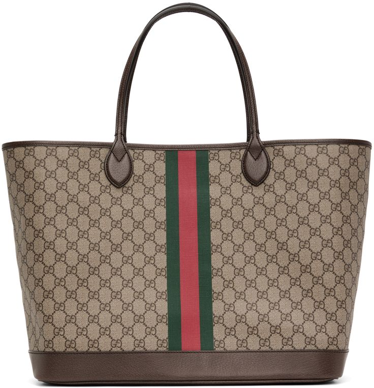 Coated cotton canvas tote in beige. Grained leather trim and jacquard logo pattern throughout. · Twin shoulder straps · Signature stripes printed at front and back face · Detachable zip pouch at interior · Cotton and linen-blend canvas lining · H13 x W15.75 x D7.5 in Supplier color: Beige/Ebony Gucci Jackie 1961 Tote, Gucci Canvas Camera Bag, Gucci Ophedia Bag, Gucci Canvas Abbey Tote, Gucci Jackie Tote, Gucci Weekender, Tote Bag Outfit, Gucci Tote Bag, Gucci Outfits