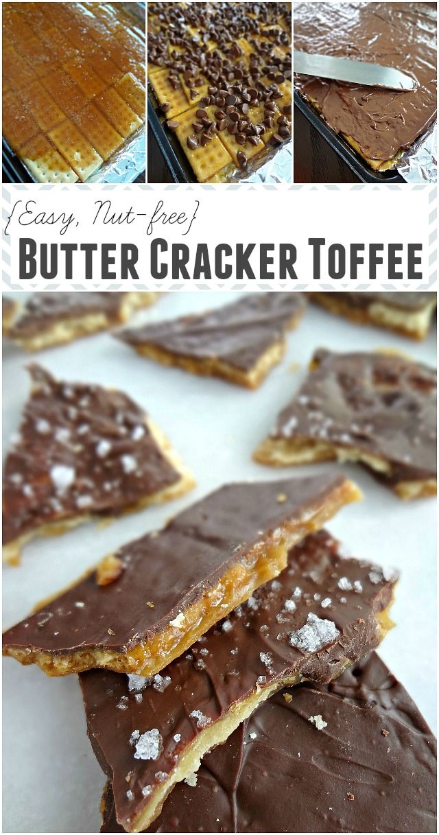 chocolate and peanut butter cracker toffes on a baking sheet with text overlay