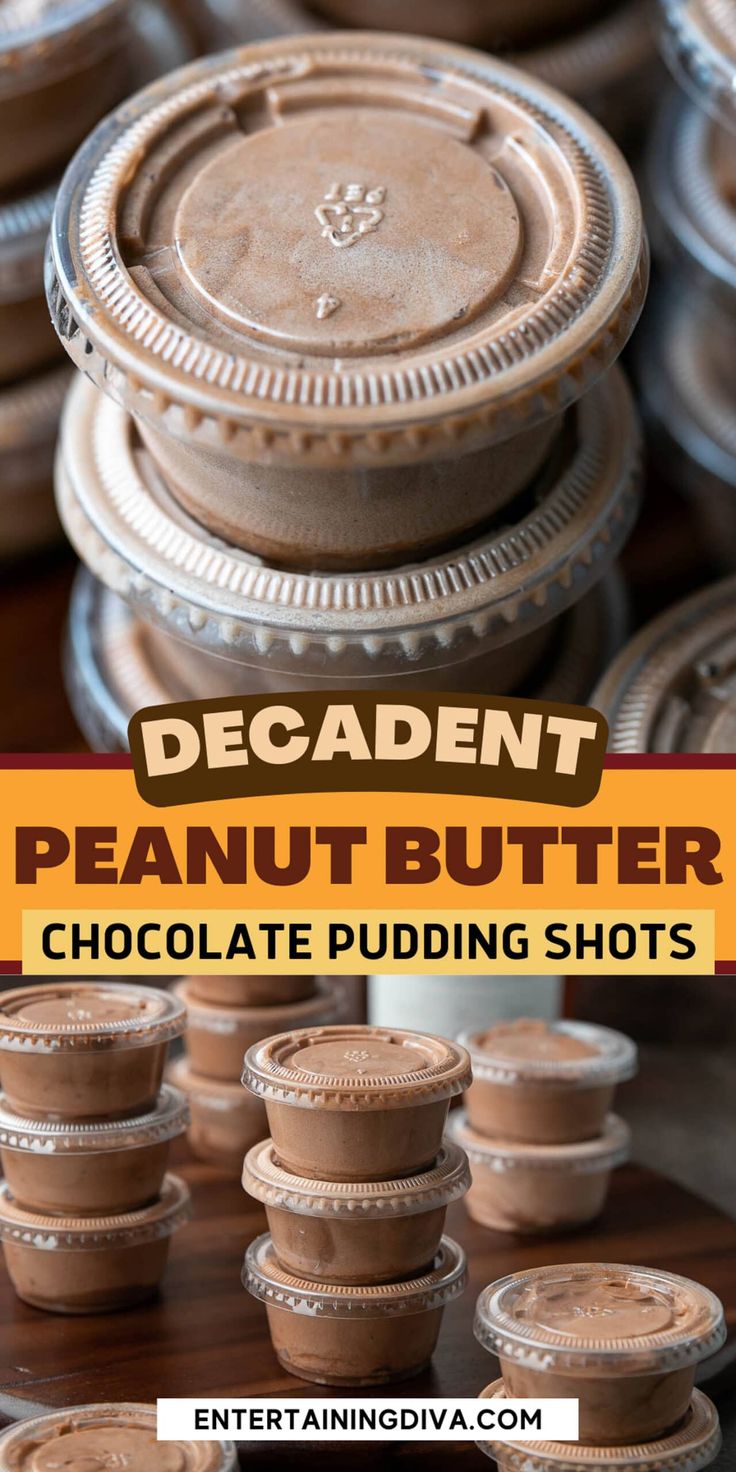 peanut butter chocolate pudding shots are stacked on top of each other