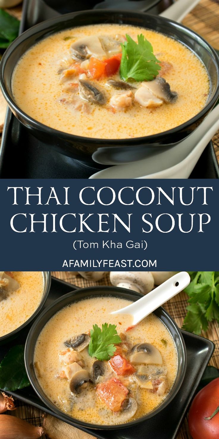 thai coconut chicken soup in two black bowls