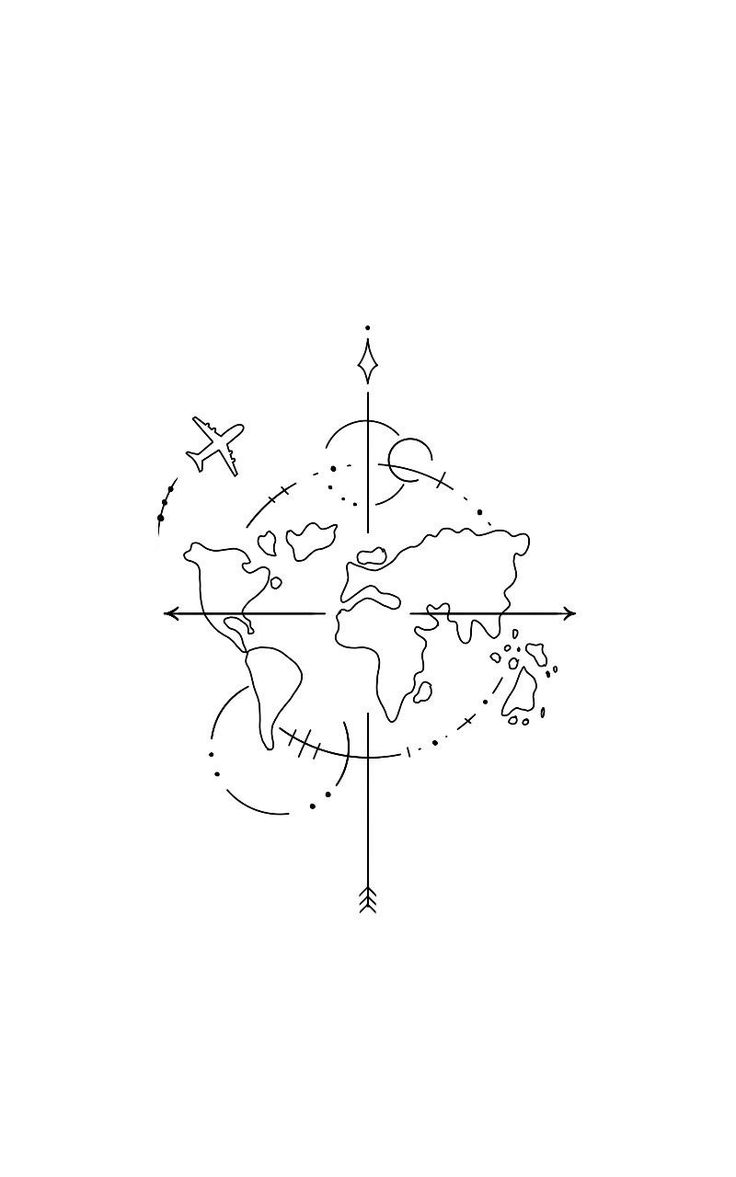 a black and white drawing of an airplane flying around the world on a map with arrows pointing in different directions