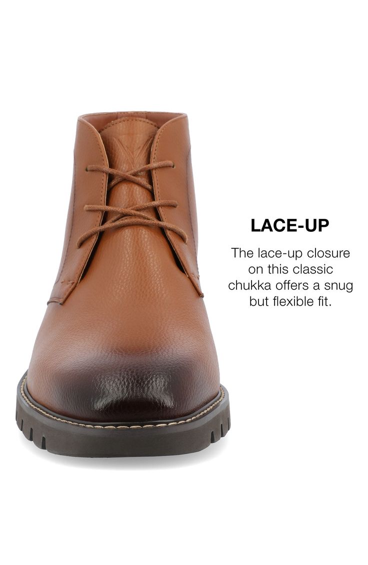 Elevate your work-to-weekend look in this refined faux-leather chukka boot featuring tonal stitch construction, breathable lining and a Tru Comfort Foam insole. Synthetic upper/textile lining/rubber sole Imported Casual Cognac Boots For Work, Brown Ankle Chukka Boots For Work, Brown Chukka Boots With Goodyear Welt For Work, Slip-resistant Brown Boots For Fall, Fall Brown Slip-resistant Boots, Brown Leather-lined Chukka Boots For Work, Brown Chukka Boots With Leather Lining For Work, Brown Leather Lined Chukka Boots For Work, Fall Leather Slip-resistant Work Boots