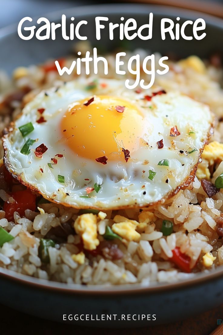 an egg on top of rice in a bowl with the words garlic fried rice with eggs