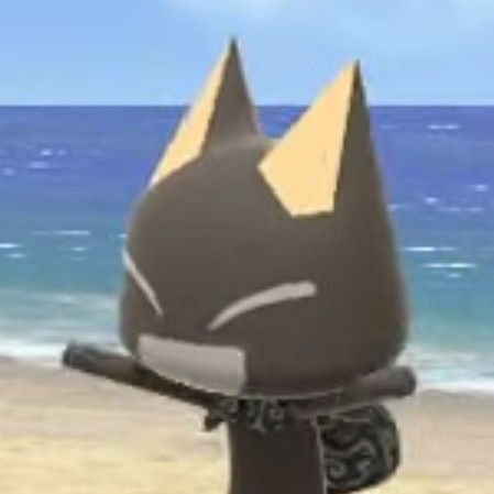 a cartoon cat is standing on the beach by the ocean with his head tilted to the side