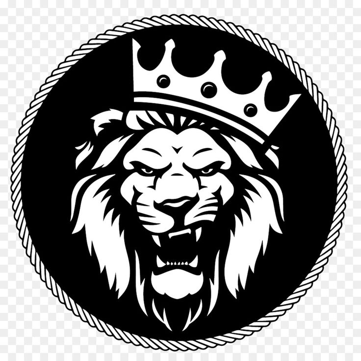 a lion with a crown on it's head in a circle, black and white