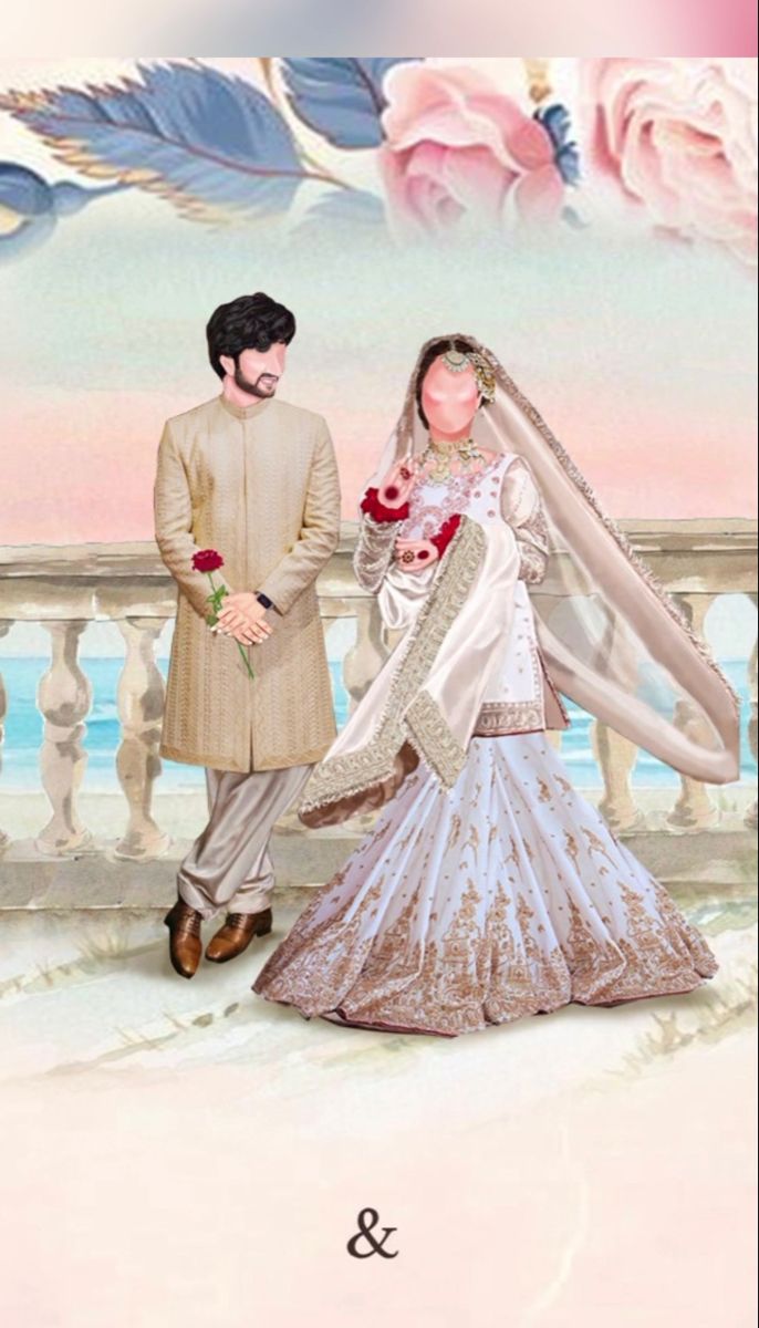 a painting of a bride and groom standing next to each other in front of a balcony