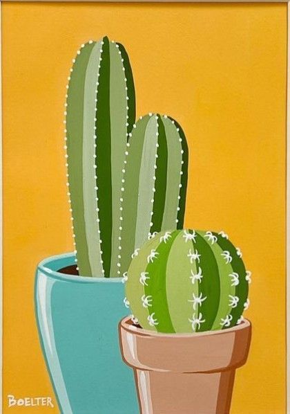 a painting of two cactuses in pots on a yellow background