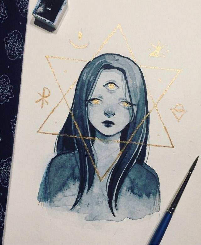 a drawing of a woman's face with yellow eyes and gold triangles in the background