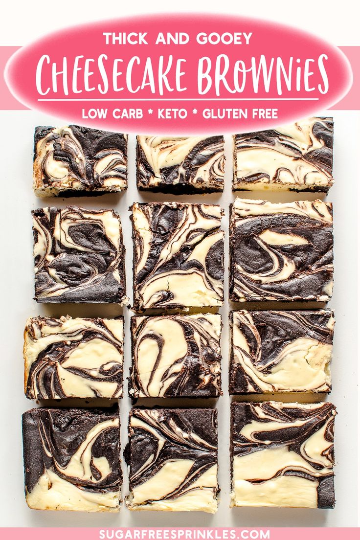 chocolate brownies are stacked on top of each other with the words, thick and gooey cheesecake brownies low carb keto - gluten free