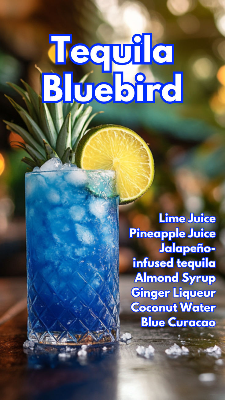 Tequila Bluebird Tequila Mixed Drinks Recipes, Sweet Tart Drink Alcohol, Morning Drinks Alcohol, Blue Tequila Drinks, Margarita Drink Aesthetic, Tequila Recipes Drink, Alcohol Mixed Drinks Recipes, Tequila Cocktails Recipes, Tropical Alcoholic Drinks