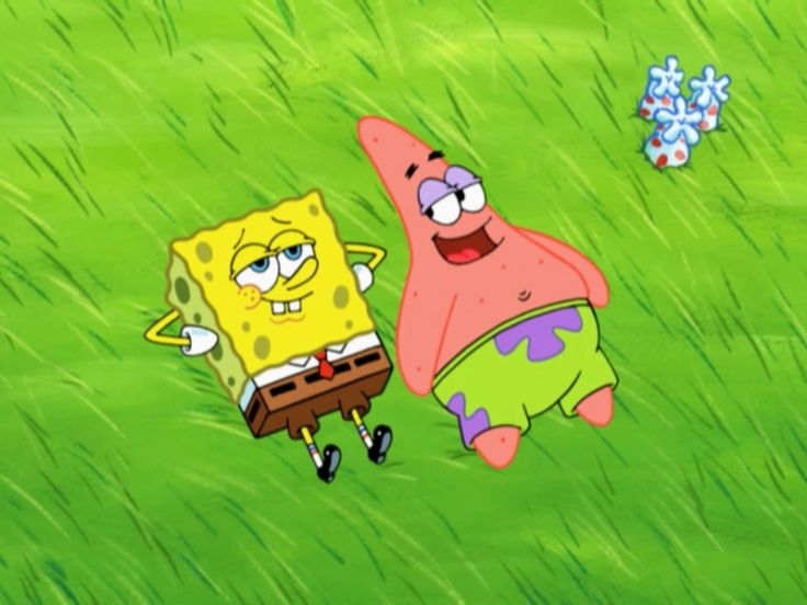 spongebob and patrick running in the grass with one another's hand on his hip