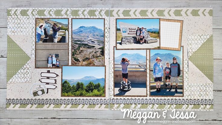 a collage of photos with mountains in the background and people standing on top of it