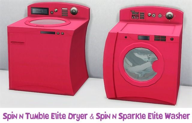 two pink washers sitting next to each other in front of a white wall with the words spin'n tube ette drier & spin'n sparkle