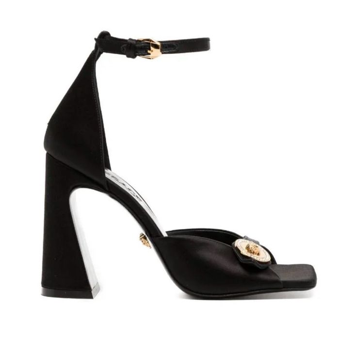 110mm Silk Block Heel Sandals From Versace Featuring Black, Silk, Calf Leather, Medusa Plaque Detail, Open Toe, Buckle-Fastening Ankle Strap, High Block Heel And 110mm Heel. Made In Italy Composition Lining: Calf Leather 100% Sole: Rubber 100% Outer: Silk 100% 100% Authentic Comes With Box And Dust Bag Brand New Size Eu37.5 No Trades Versace Slides, Versace Sandals, Versace Chain, Versace Pink, Versace Gold, Black Shoes Heels, Versace Shoes, Block Heel Sandals, Gold Sandals