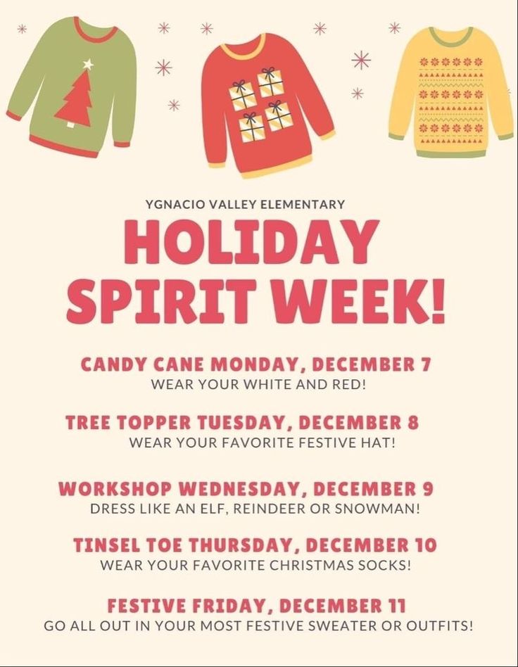 the holiday spirit week flyer with sweaters and christmas trees on it's chest