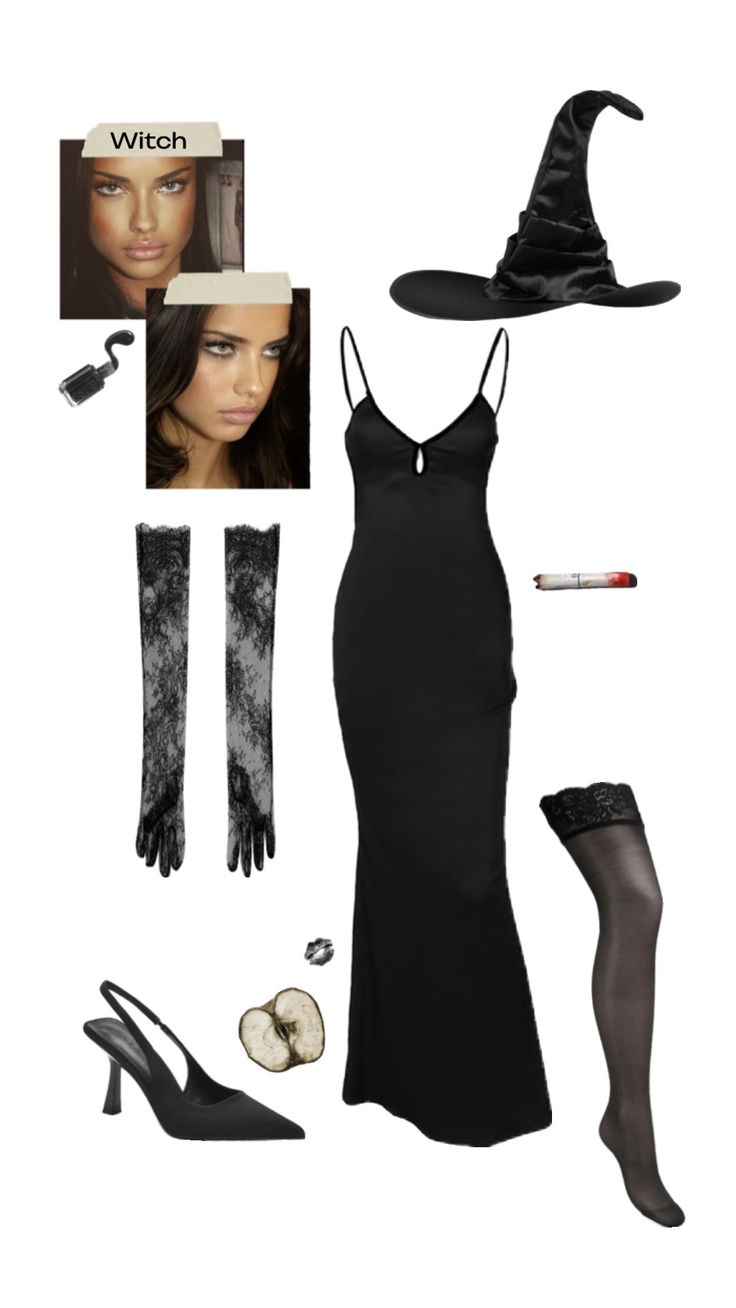 Elevated witch look featuring a sleek black dress, lace gloves, and essential witch accessories. Embrace the dark side in style this Halloween. Halloween Costume Brunette, Halloween Costumes For Brunettes, Halloween Costumes Brunette, Classy Halloween Costumes, Witch Costumes, Pretty Halloween Costumes, Halloween Party Outfits, Witch Halloween Costume, Pretty Halloween