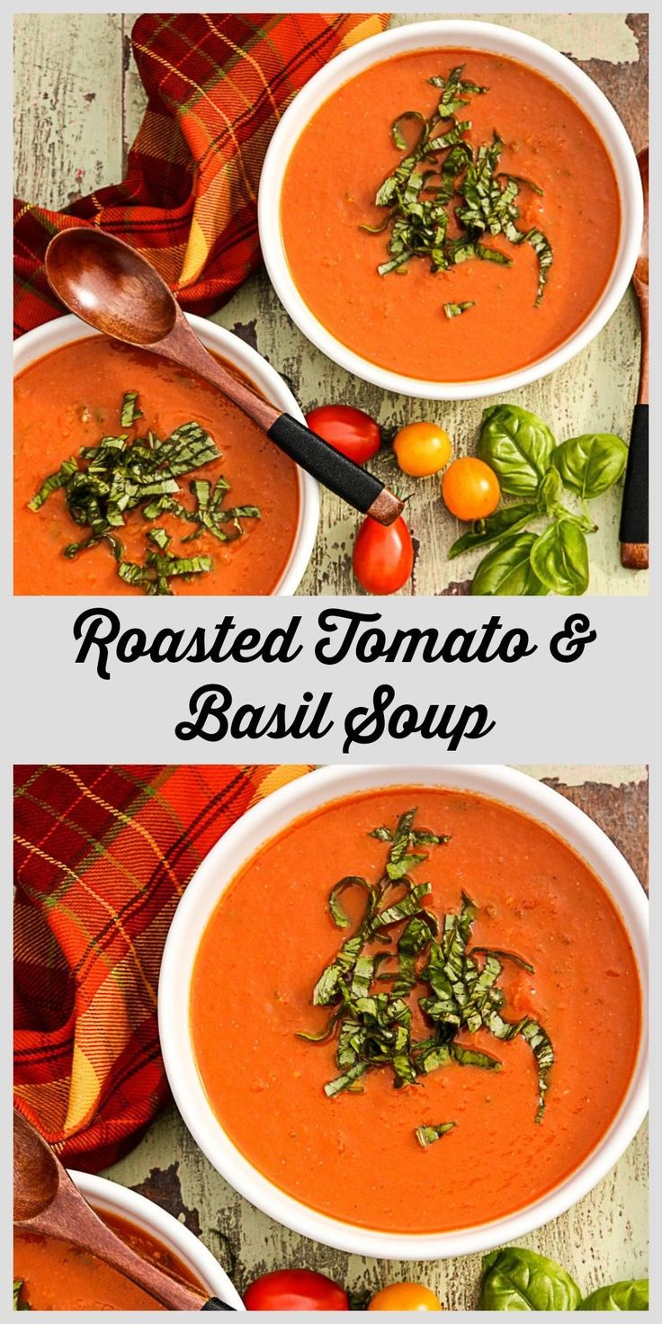 two bowls of roasted tomato and basil soup