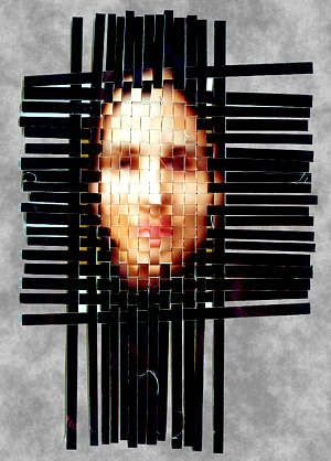 a woman's face is shown through black strips on a white background, and the image appears to be made out of wood sticks